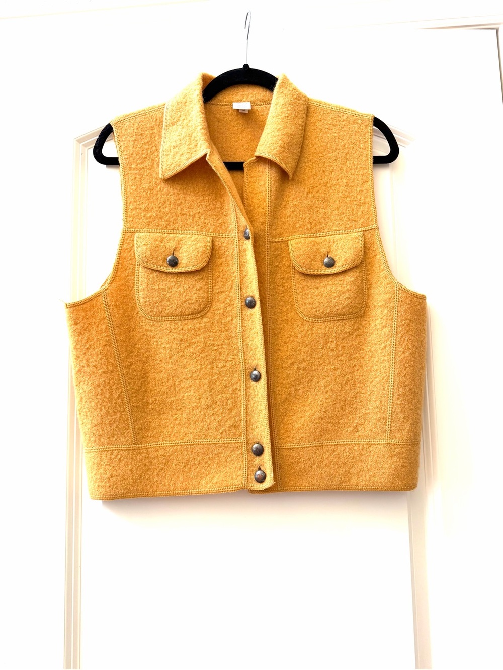 VTG Lands End Boiled Wool Mustard Colored Sweater Vest w Collar. Buttons. SZ 8